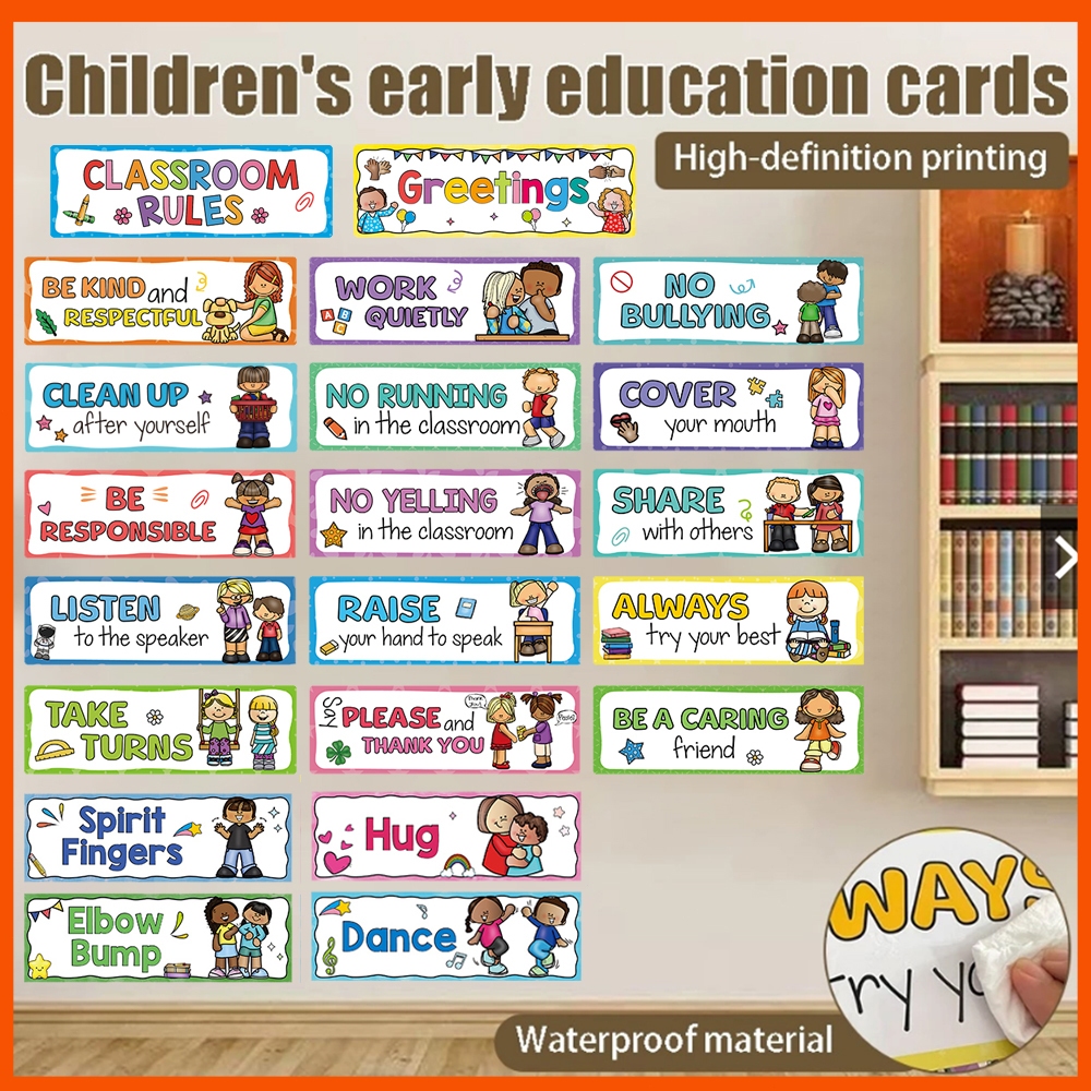 Kids English Classroom Rules Learning Posters Set Toddler Education Charts Classroom Bulletin Board Decorations Set Kindergarten Preschool Primary School Banner Rules Signs Teaching Aids