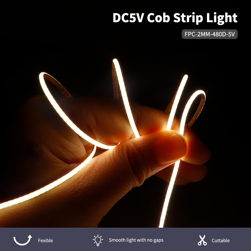 5M/ม้วน 5V Ultra Thin 2 มม.สีสัน COB ไฟ LED Strip RA90 480LED/m ความหนาแน่นสูง LED เทป DC5V