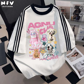 [จัดส่งตลอด 24 ชั่วโมง] NFV เสื้อยืดคอกลมแขนสั้น🎀การ์ตูนน่ารัก สไตล์เกาหลี ทรงหลวม ระบายอากาศ YG0