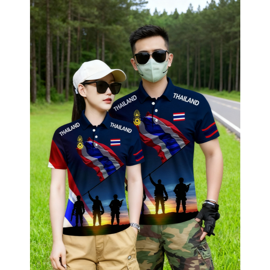 เสื้อโปโลผู้ชายดีไซน์ธงชาติไทย สไตล์ทหาร ยืนยันเอกลักษณ์และความสงบสุข