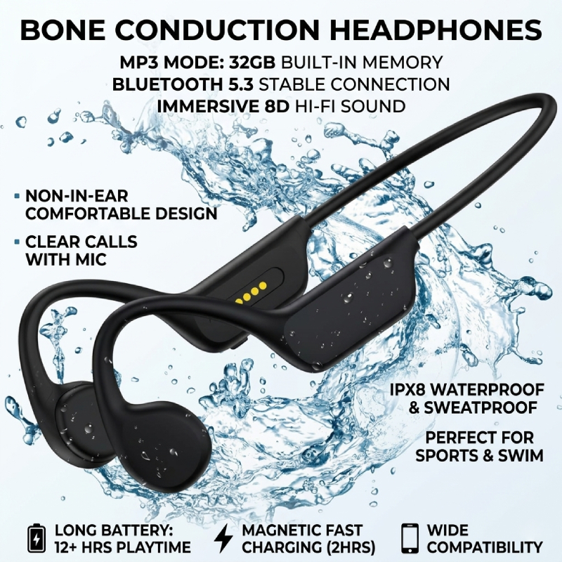 Bone Conduction หูฟังไร้สาย IPX8 หูฟังกันน้ํา 32G หน่วยความจําอิสระพร้อมหูฟังไมโครโฟน HD สําหรับกีฬา