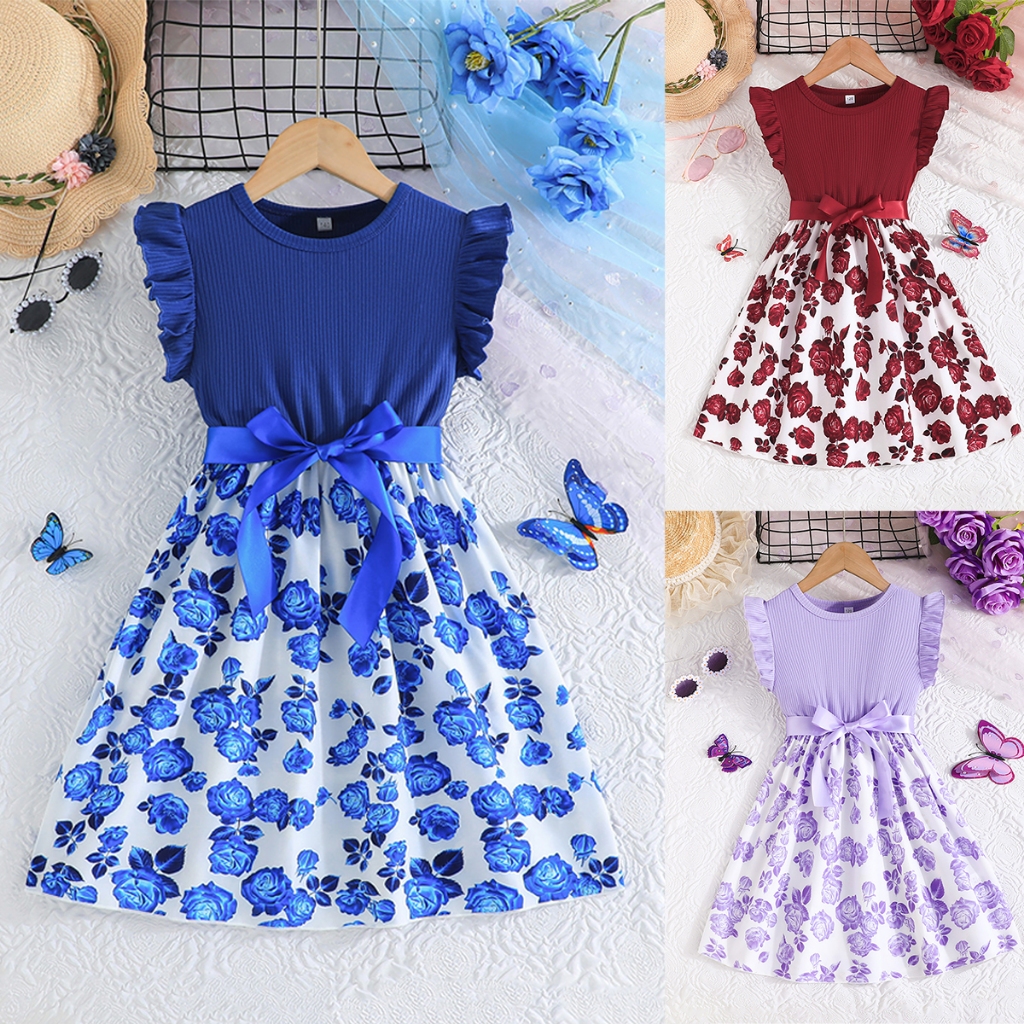 ​​ชุดเดรสเด็กหญิง 4-10 ขวบ แขนปีกเทวดา ลายดอกไม้ สีฟ้าไคลน์ พร้อมเที่ยวทะเลและงานเลี้ยง​​