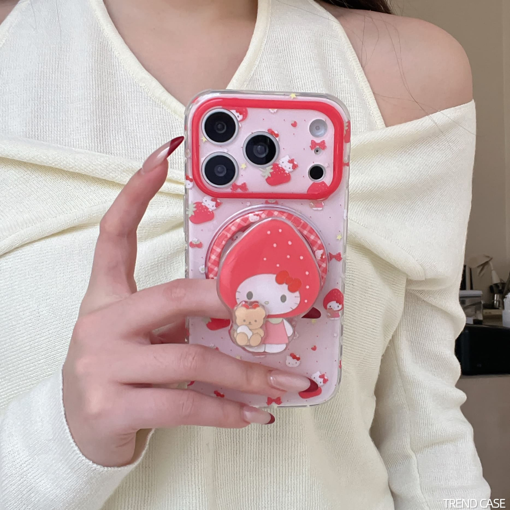 การ์ตูนสตรอเบอร์รี่หมีขาตั้งแม่เหล็กเคสโทรศัพท์กันกระแทกสําหรับ ไอโฟน 17 16 15 14 13 มือโปร สูงสุด