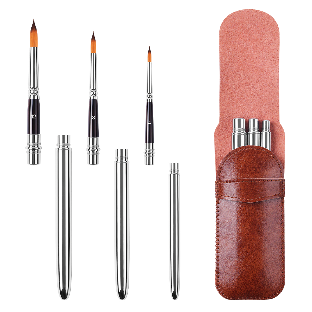 Golden Maple 3PCS Watercolor Travel Paint Brushes, Round Pointed Tip with Leatherette Carry Case for Painting, Detachable Outdoor Paint Brushes, Threaded ไม่หลุดง่าย