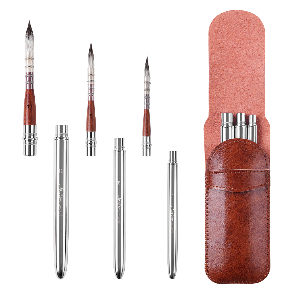 Golden Maple 3PCS Squirrel Hair Travel Brush Set สําหรับหมึกสีน้ํา Gouache ภาพวาด - #4#8#12-พู่กันแบบพกพาที่ถอดออกได้กลางแจ้ง ดีไซน์เกลียว ไม่หลวมง่าย