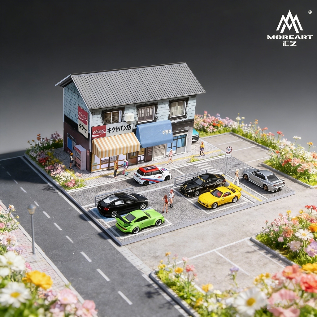 Diorama 1:64 รถโรงรถรุ่น LED Lighting Street Bakery ที่จอดรถฉากชุดของขวัญ