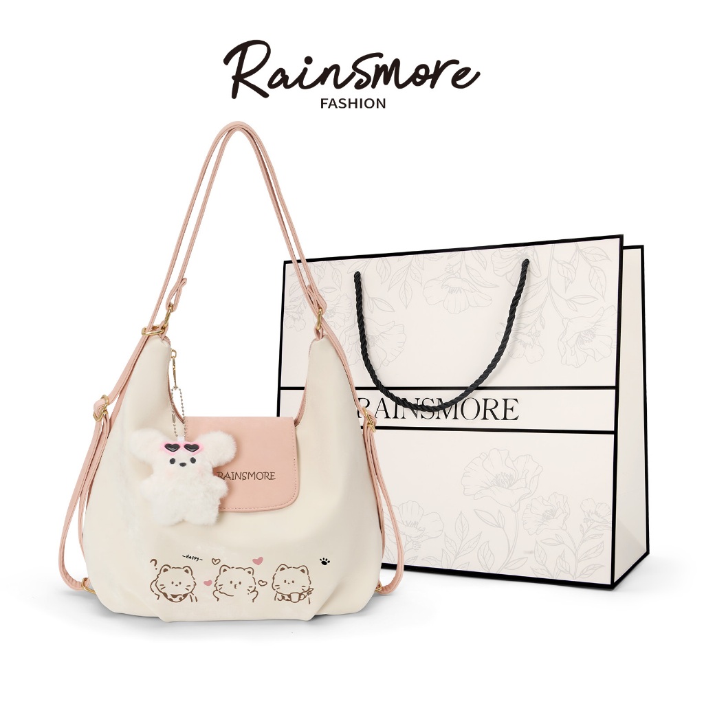 RAINSMORE กระเป๋าสะพายข้างผู้หญิง ลายการ์ตูนแมวน่ารัก ความจุขนาดใหญ่ ทนทาน สะพายไหล่ 2-in-1 สไตล์คาซิวัลแฟชั่น สำหรับโรงเรียน/วันทำงาน/เดินทาง กระเป๋าโฮโบผู้หญิง