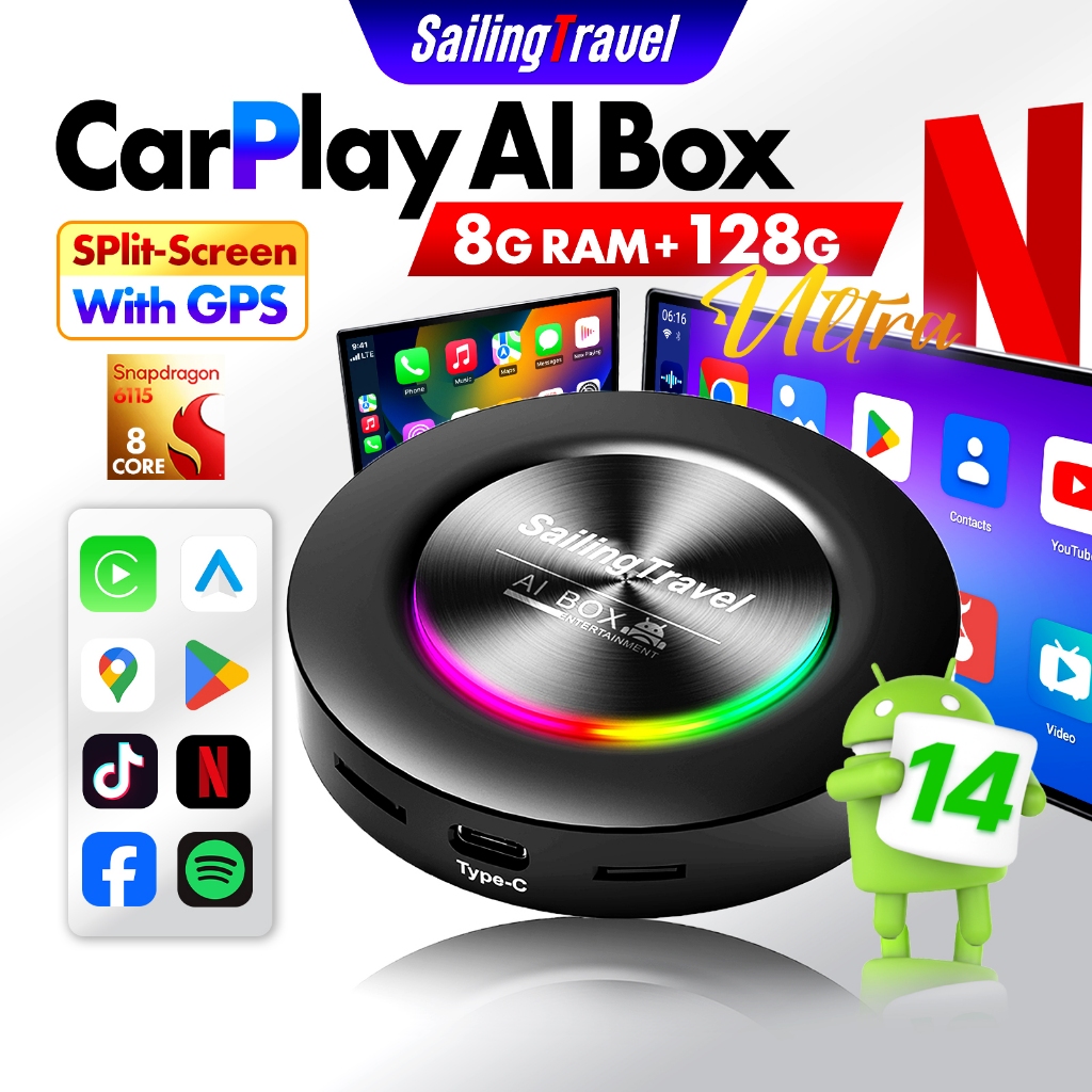 SailingTravel Ultra Wireless CarPlay AI กล่อง Android Auto GPS Android 14.0 8+128G Qualcomm 6115 8 Core YouTube/Netflix/TikTok เครื่องเล่นวิดีโอ