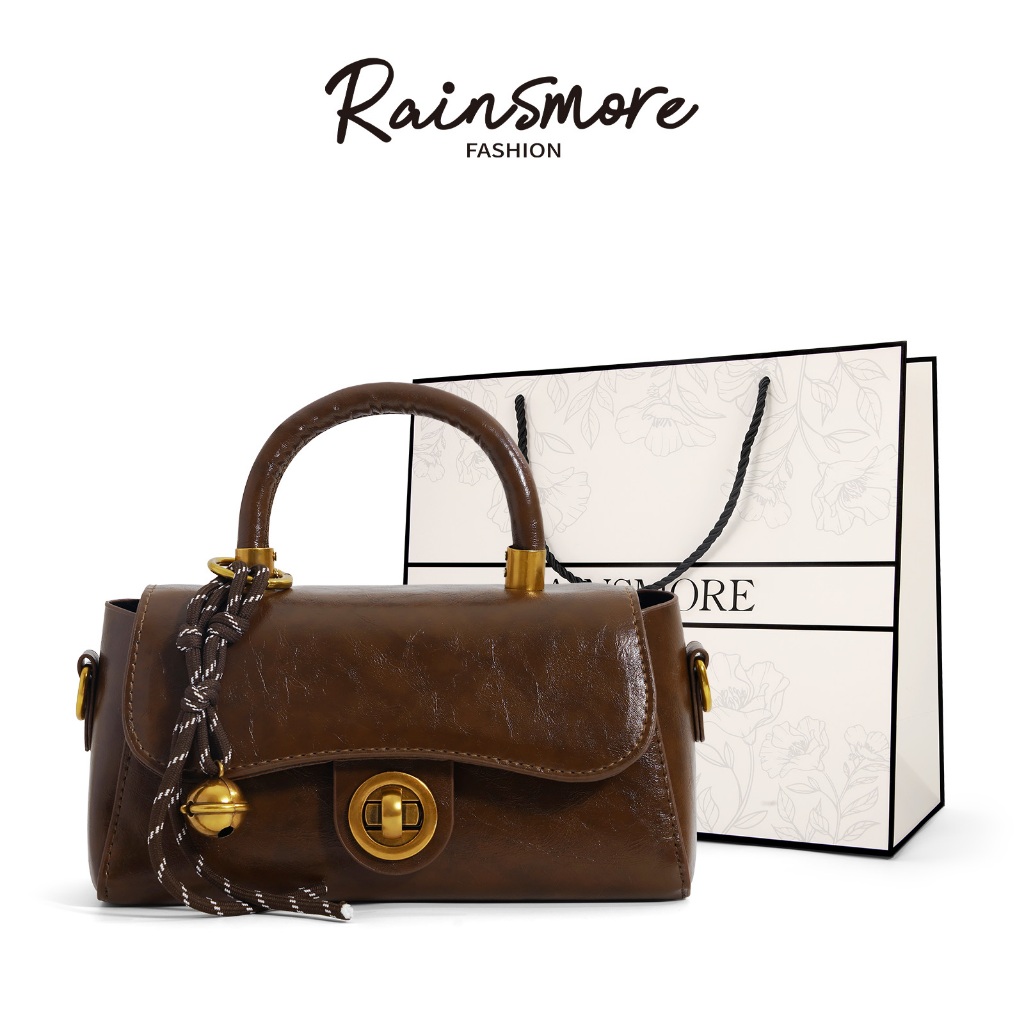 RAINSMORE กระเป๋าถือหนังสีดำวินเทจ ล็อคโลหะทองเหลือง สะพายไขว้ได้ 2 ทาง ใช้ไปทำงานและเดทได้ทุกลุค