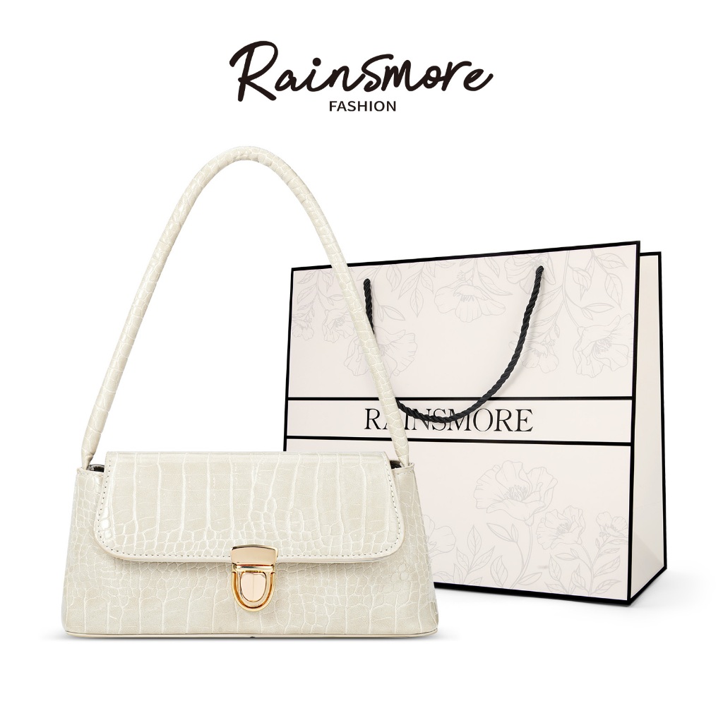 RAINSMORE- ฝนตก-ลายจระเข้กระเป๋าบาแกตต์อินเทรนด์ใต้วงแขนกระเป๋ากระเป๋าสะพายสุภาพสตรีลายจระเข้+รายละเอียดหัวเข็มขัดทองไทยหรูหราง่ายต่อการถอดหยิก
