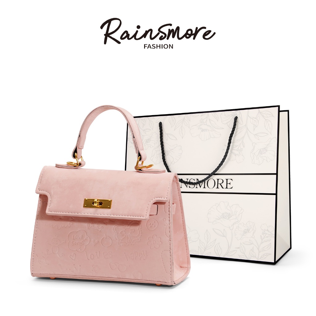RAINSMORE กระเป๋าสะพายข้างผู้หญิง | กระเป๋าสตางค์สตรีดีไซน์ใหม่ ลาย-หัวใจสีชมพู ดีเทลด้านบนสีทองประณีต สะพายข้าง/ถือได้ เหมาะสำหรับออกเดท/วันทำงาน