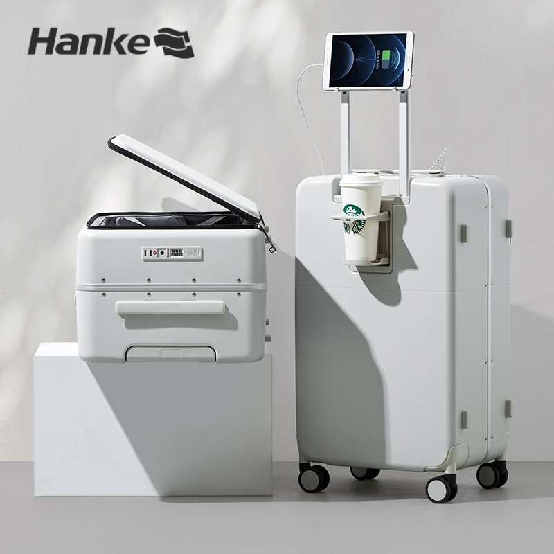 Hanke คุณภาพสูง กระเป๋าเดินทางเปิดด้านหน้า มีพอร์ต USB และที่วางแก้วน้ำ PC กระเป๋าเดินทาง 20 นิ้ว ด้วยรหัสผ่านล็อค (รับประกัน 3ปี)