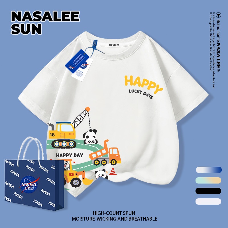 【จัดส่งจากกรุงเทพฯ】เสื้อยืดผ้าฝ้ายสำหรับเด็ก NASA พิมพ์ลายรถเครน สีขาว เหมาะสำหรับเด็กอายุ 3-16 ปี ทั้งผู้ชายและเด็กผู้หญิง ใส่เปิดเทอม ทรงหลวม แขนสั้น
