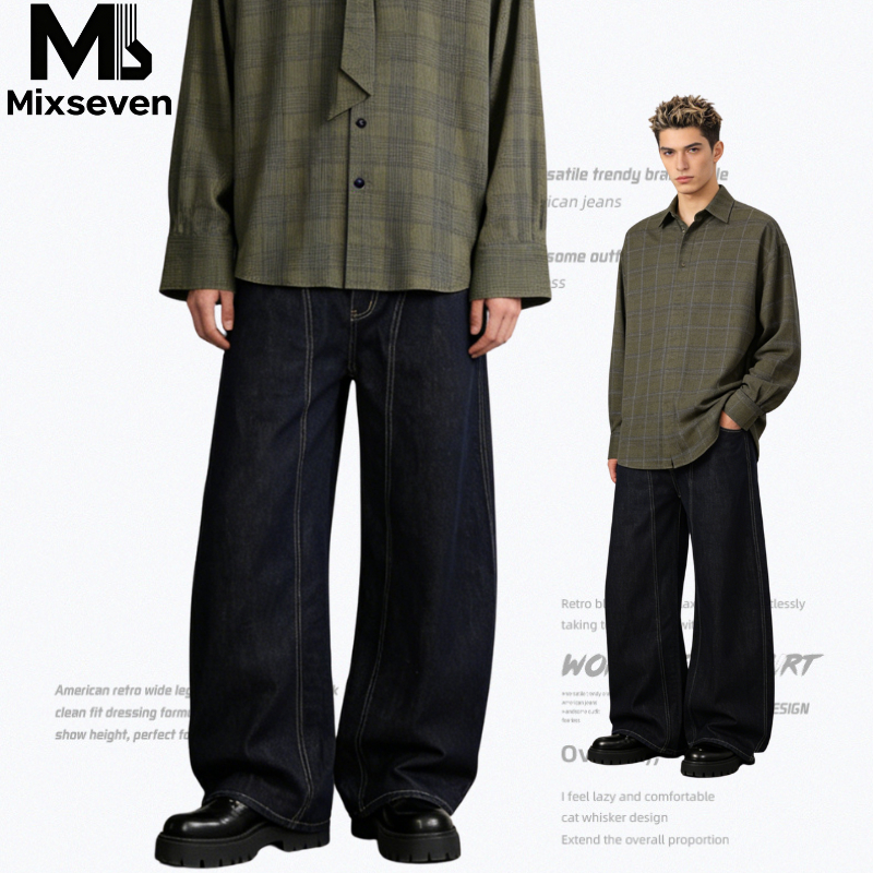 Mixseven-กางเกงยีนส์ผู้ชาย Baggy Jeans ทรงกระบอก สีน้ำเงินเข้ม สไตล์เกาหลี ทรงสวย ใส่ สบาย แมทง่าย ใส่ได้ทุกลุค จัดส่งรวดเร็ว