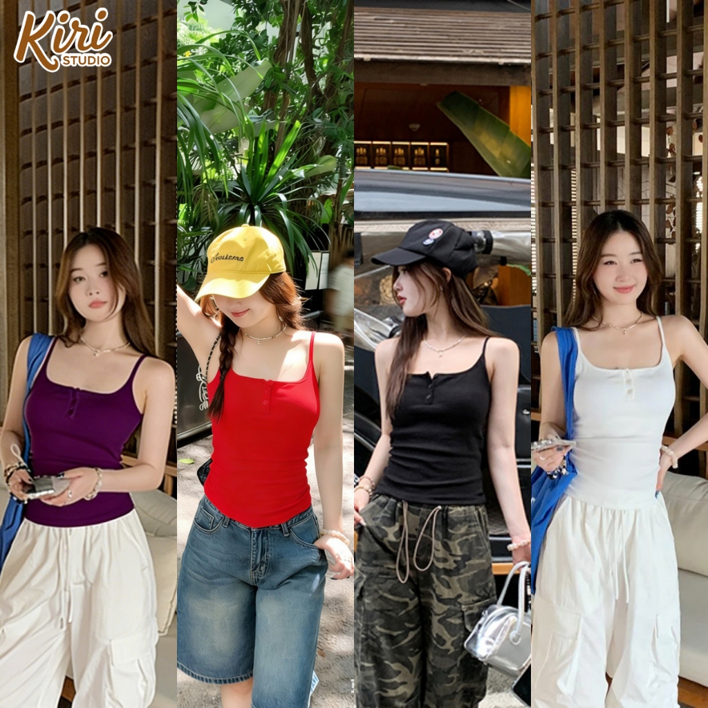 4สี สายเดี่ยว เสื้อแขนกุด เอวลอย เปิดอกลึก มีกระดุม3เม็ด ใส่ไปเที่ยว#202399 – โปรปัง