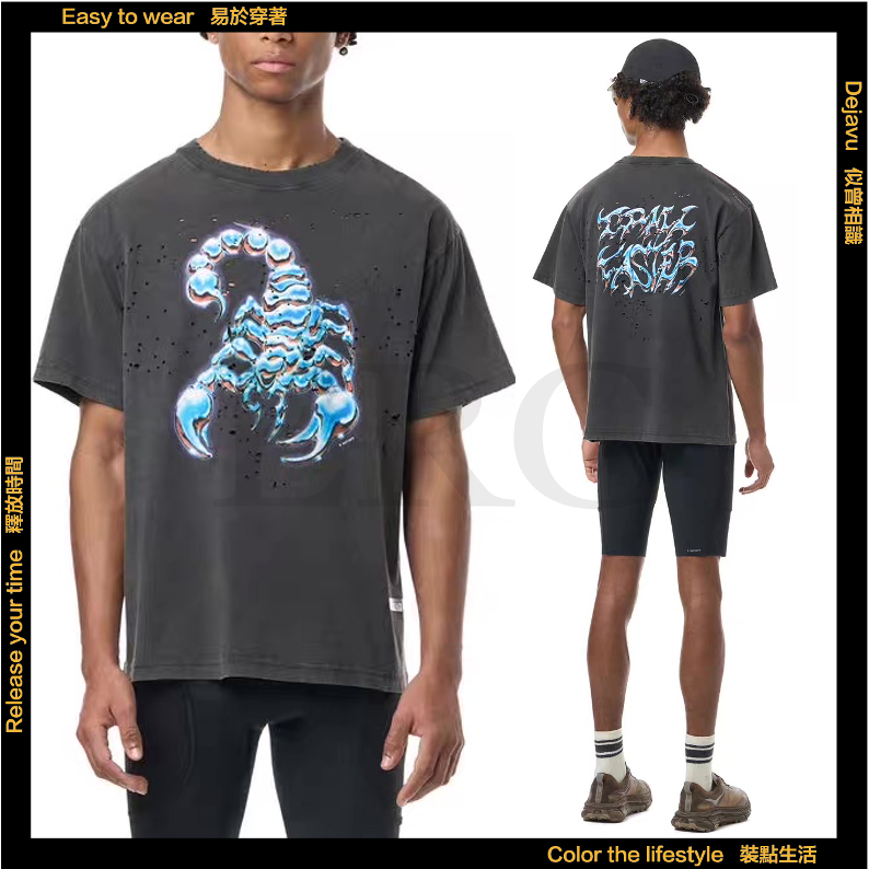 [ERC] Heavy Satisfy * Scorpion Print Hole Distressed Loose เสื้อยืดแขนสั้นผู้ชายผู้หญิงสไตล์เดียวกัน