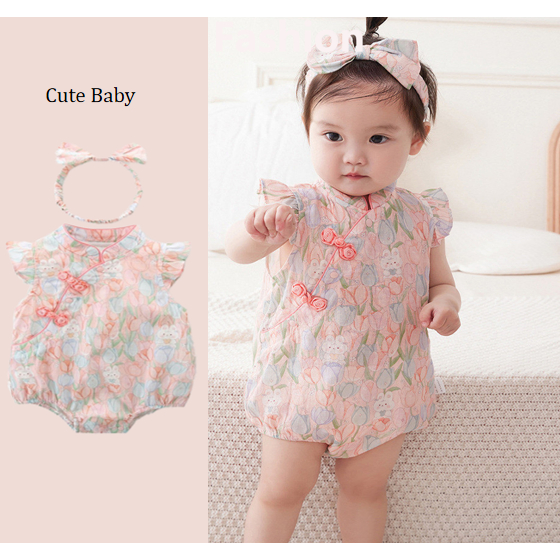 0-24M กระโปรงกระต่ายทิวลิป Chi-Pao ตรุษจีน Cheongsam ทารกแรกเกิดเด็กผู้หญิง Jumpsuit