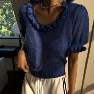 เกาหลีทงแดมุนแฟชั่นฤดูใบไม้ผลิสีทึบขอบเชื้อราแขนสั้นพัฟแขนเส…