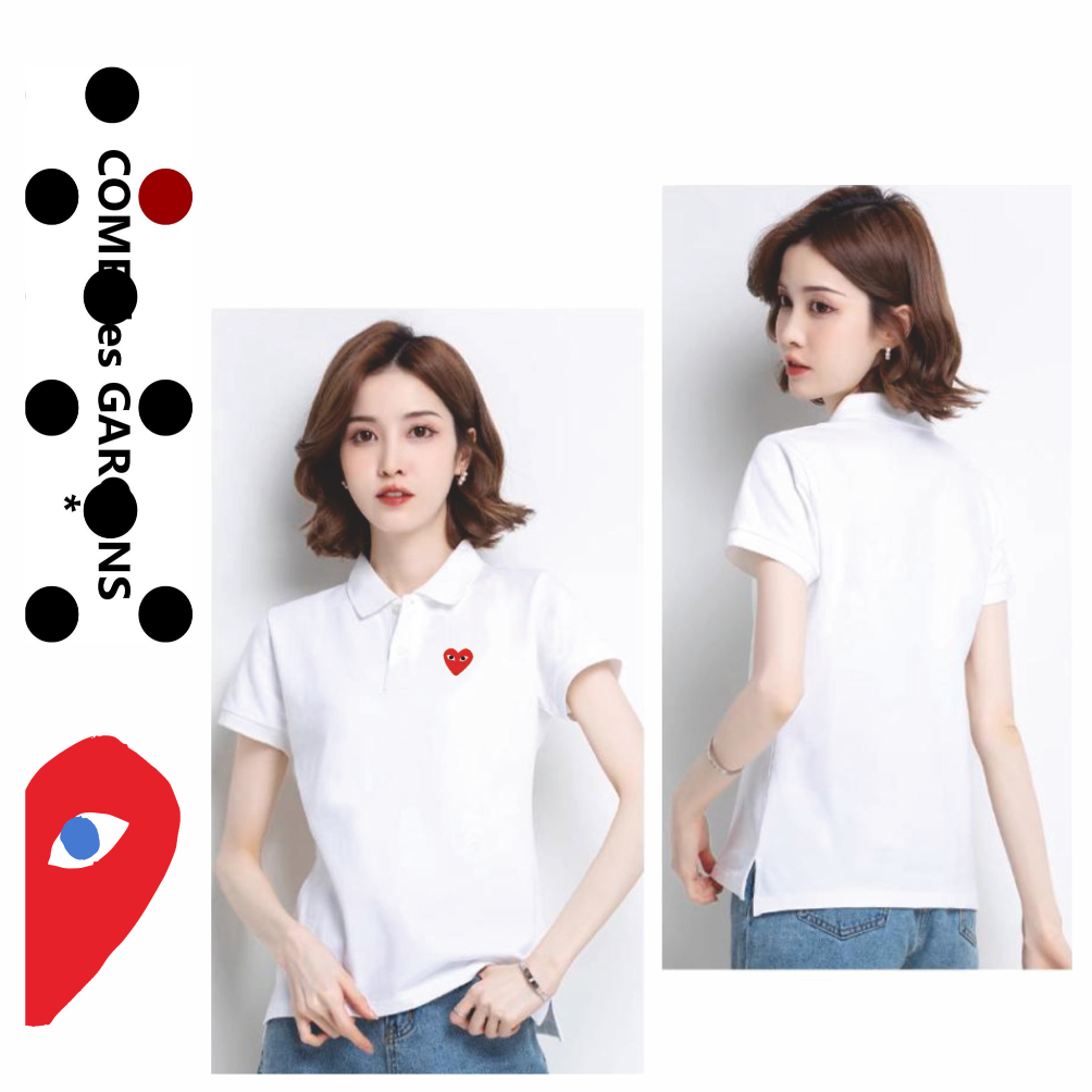 เล่นปักหัวใจผู้หญิงผ้าฝ้ายแขนสั้นเสื้อโปโลคลาสสิกพอดีพื้นฐานทีเสื้อลําลองท็อปส์