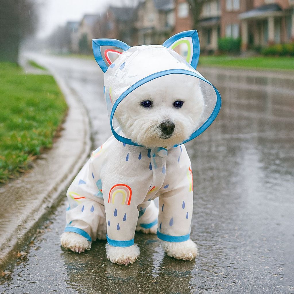 เสื้อกันฝนสัตว์เลี้ยง ⭐ มีหน้าต่างใสปกป้องใบหน้า ระบายอากาศและกันน้ำ ดีไซน์หูแมวสีสายรุ้งน่ารัก เหมาะสำหรับแมวและสุนัขน้ำหนัก 1-9 กก.
