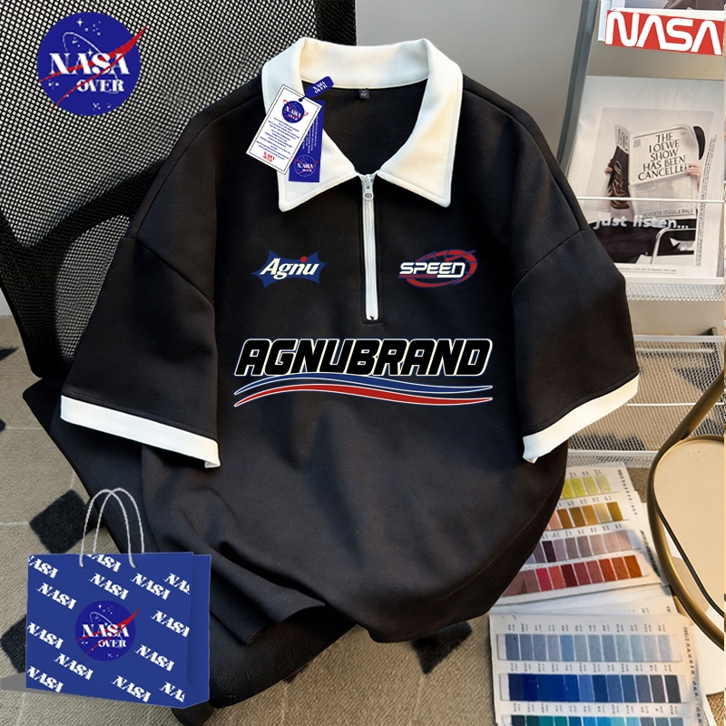 【จัดส่งจากกรุงเทพฯ】🔥NASA เสื้อโปโลแขนสั้นฤดูร้อน สีดำ oversize สไตล์เรียบง่าย ลายพิมพ์ตัวอักษร ระบายอากาศ ยูนิเซ็กส์ YG5017