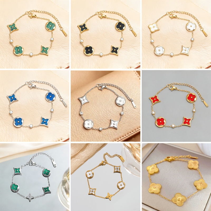 สร้อยข้อมือไทเทเนียมเหล็กลายโคลเวอร์ 4 ใบ ชุบทอง 18K กะทัดรัดด้วยมุก แฟชั่นเกาหลีสำหรับผู้หญิง ขนาดปรับได้ 16 cm + 5 cm