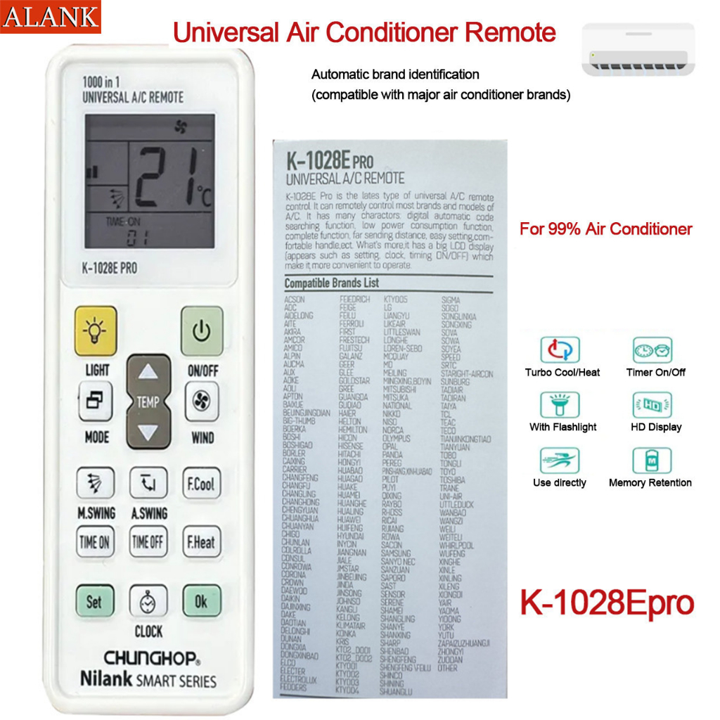 ALANK รีโมทคอนโทรลเครื่องปรับอากาศมัลติฟังก์ชั่น K-1028Epro เข้ากันได้กับทุกยี่ห้อ