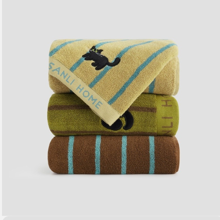 ผ้าเช็ดตัวผ้าฝ้าย100% ลายทาง Jacquard ปักลายการ์ตูน นุ่มซับน้ำดี สำหรับผู้ใหญ่และคู่รัก ใช้ที่บ้านและหลังอาบน้ำ