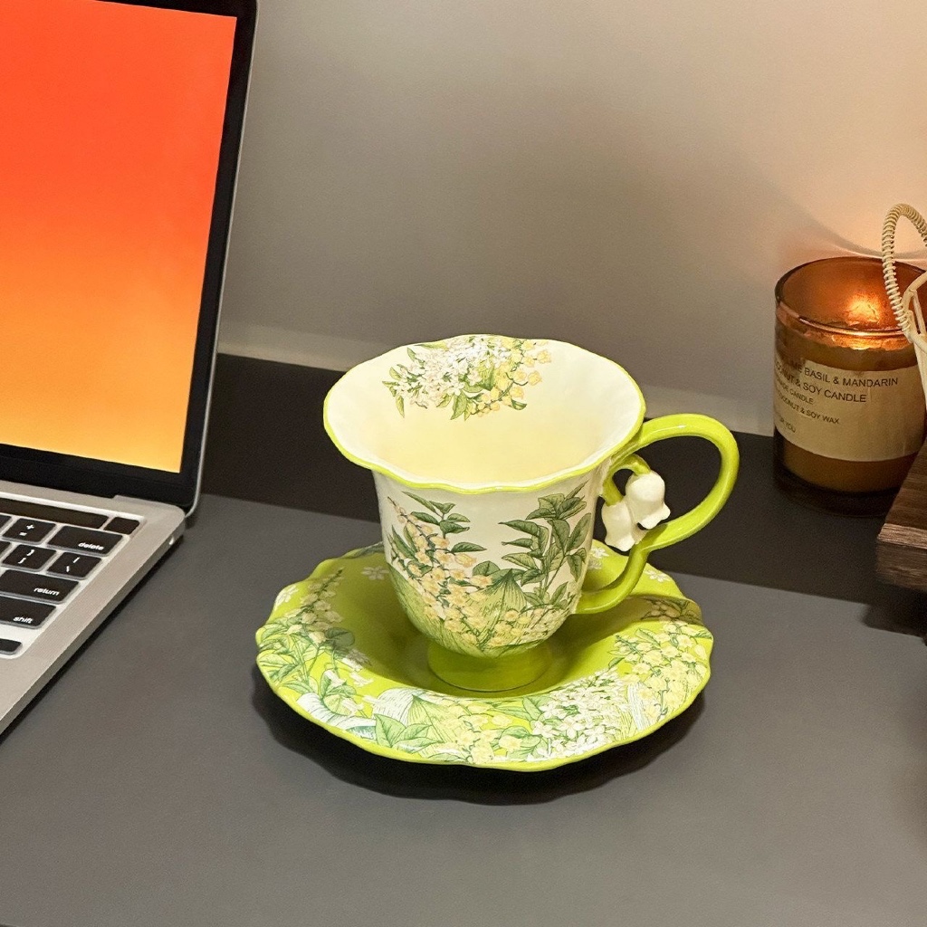 ถ้วยกาแฟ Lily of the Valley ดอกไม้ Lily of the Valley แก้วเซรามิคพรีเมี่ยมประณีต