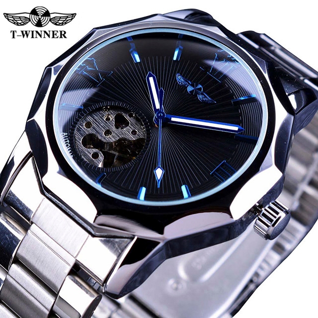 Original WINNER Mechanical Watch สแตนเลสสีดําแฟชั่นนาฬิกาผู้ชายแบรนด์หรูไม่สม่ําเสมอรูปร่าง Dial Lum