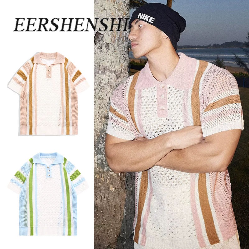 Eershenshi ใหม่หลวมกระชับแขนสั้นเสื้อโปโลผู้ชายและผู้หญิงเสื้อลายไล่โทนสีกลวงปกถัก