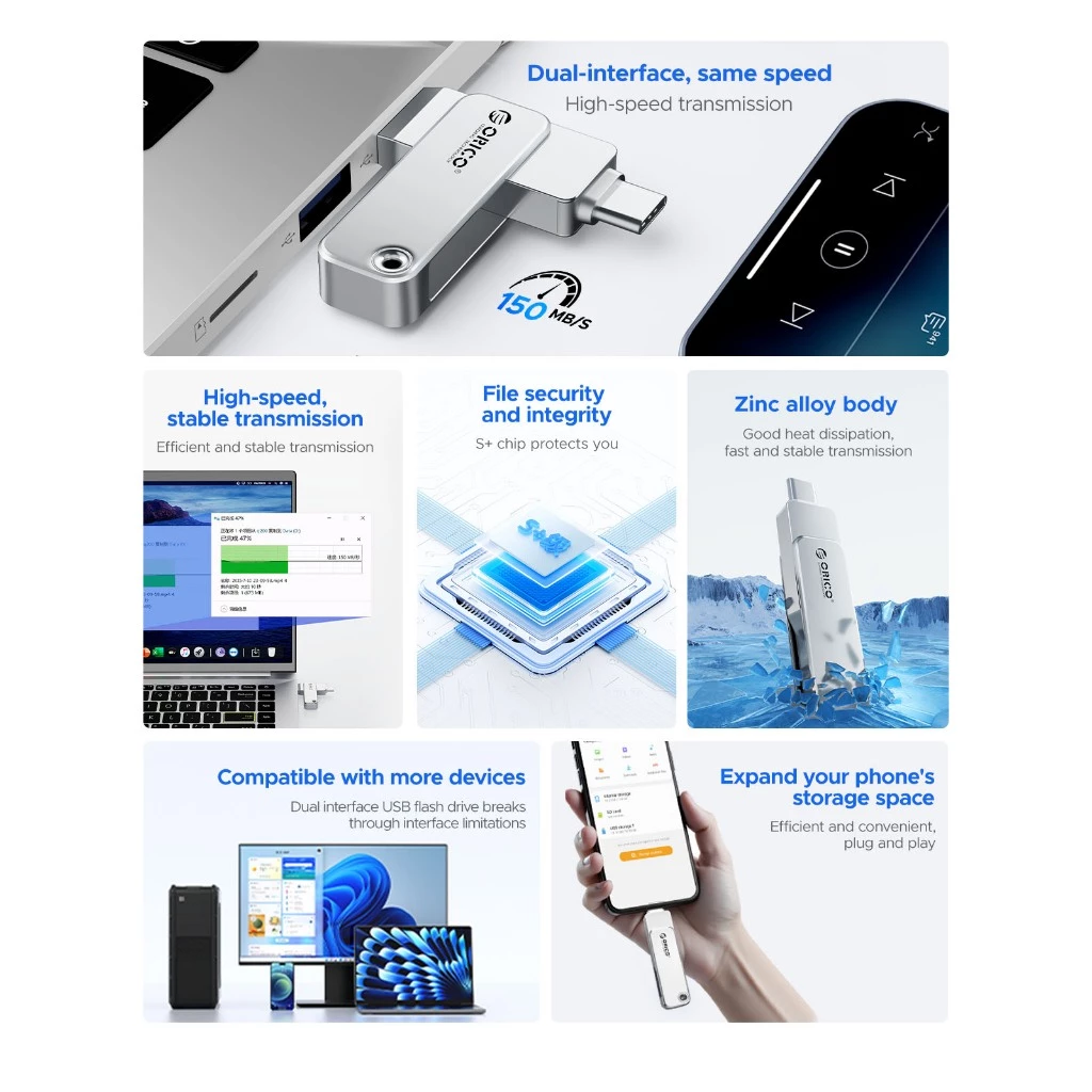 ORICO 2-in-1 USB 3.2 Type-c แฟลชไดรฟ์ 256GB 128GB 64GB Pendrive สําหรับสมาร์ทโฟนแล็ปท็อป (EB05) thumbnail 3