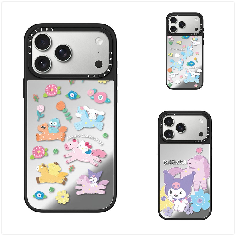 แม่เหล็กไร้สายสําหรับ iPhone 17 16 15 14 13 Pro Max Plus Sanrio Friends Black Edge Hard Back Mirror Cover Case แกะสลักโลโก้
