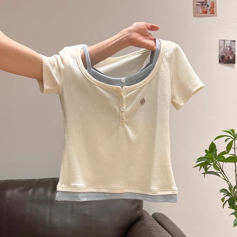 เสื้อยืดแขนสั้นสำหรับผู้หญิง สไตล์เกาหลี แบบสลิมฟิต