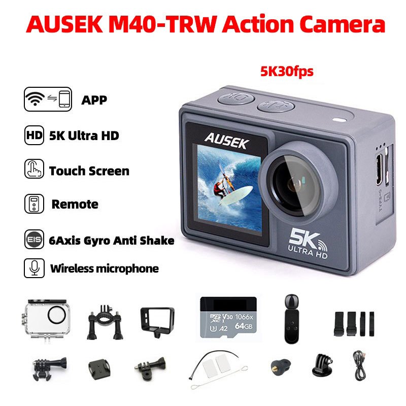 กล้องแอ็คชั่น AUSEK M40TRW ความละเอียด 5K 30fps Ultra HD หน้าจอสัมผัส AT-M40TRW EIS กล้องกีฬา M40TR