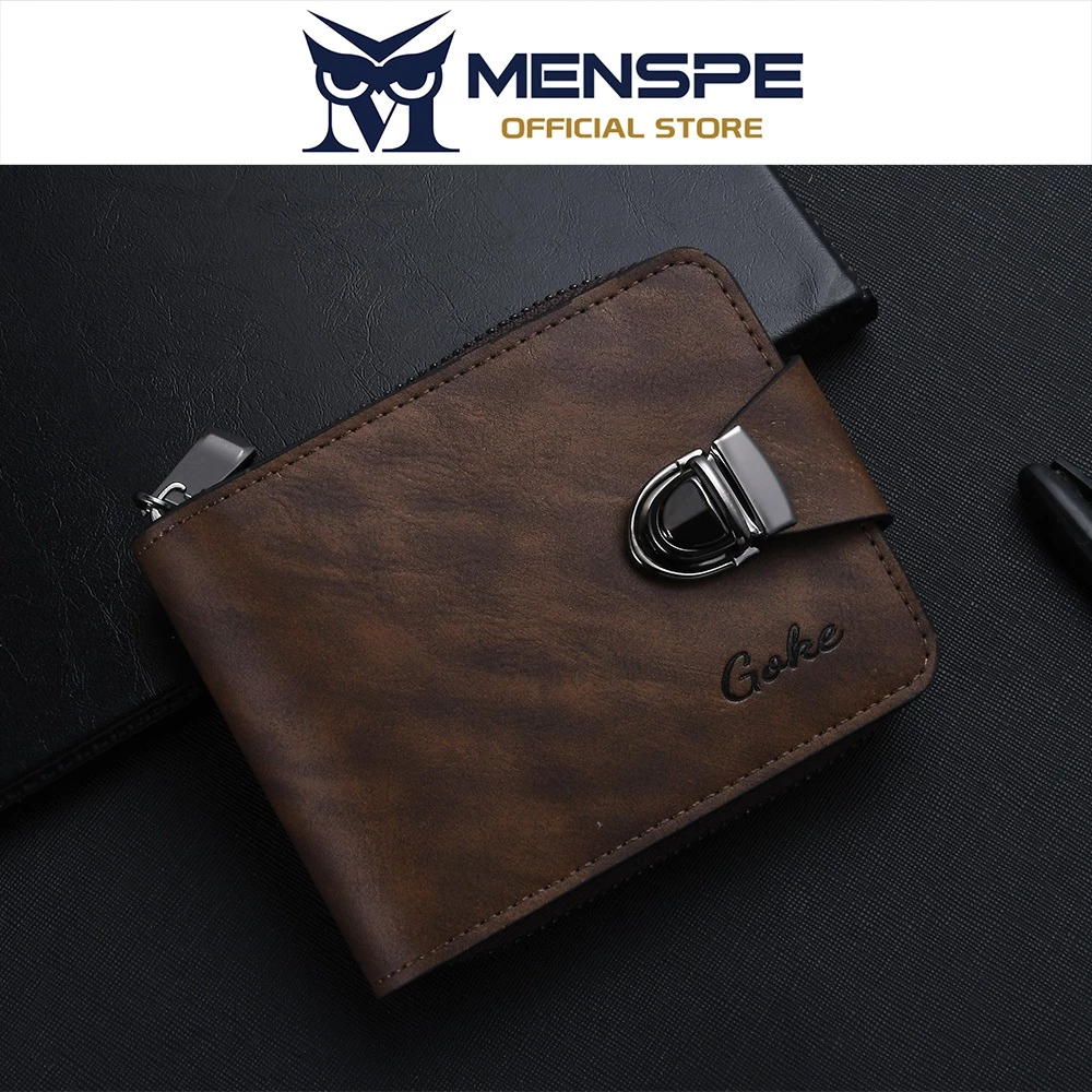 MENSPE กระเป๋าสตางค์ใบสั้นผู้ชาย Retro PU Buckle Business Multi-Card ตําแหน่งความจุขนาดใหญ่ซิปกระเป๋าสตางค์กระเป๋าใส่เหรียญ
