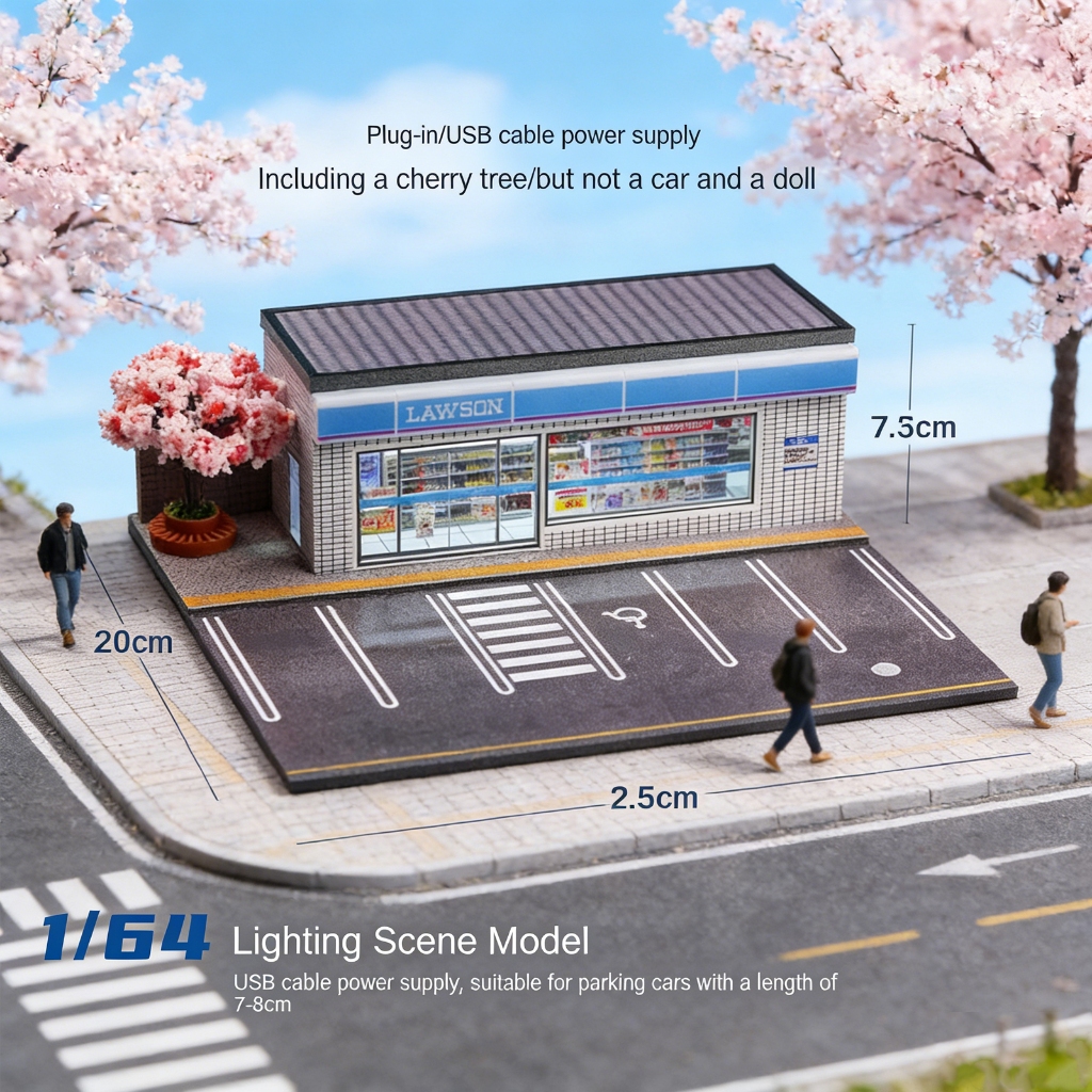 1/64 Diorama รถที่จอดรถรุ่น City ร้านสะดวกซื้อฉากจอแสดงผลรุ่น