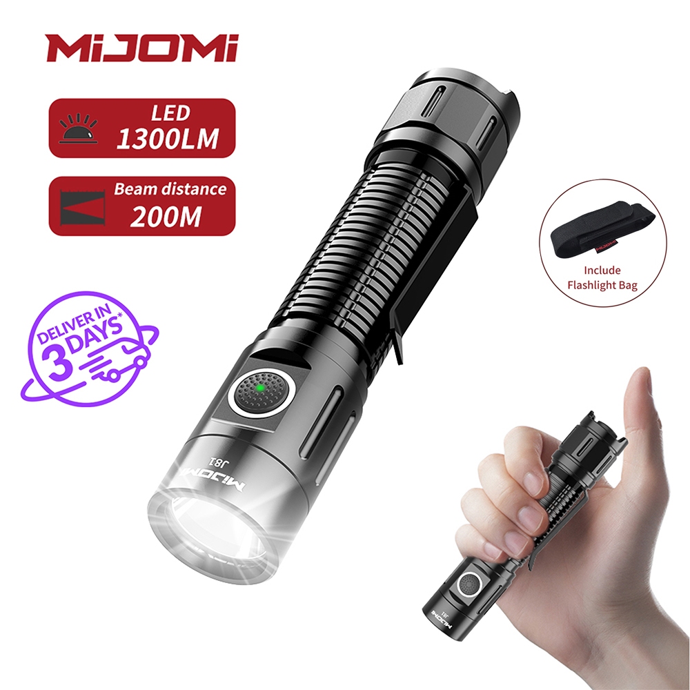 Mijomi J81 ไฟฉาย 1300 Lumens ไฟฉายความสว่างสูง Type-C ชาร์จไฟฉาย LED IPX8 ไฟฉายกันน้ํา 7 โหมดแสง