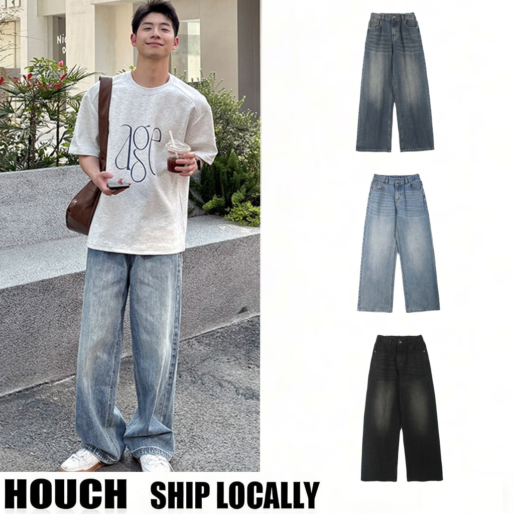 Houch พร้อมส่ง COD กางเกงยีนส์ขายาวผู้ชาย เอวยืดได้ ทรงกระบอกใหญ่ เอวสูง คุณภาพเกรดพรีเมี่ยม