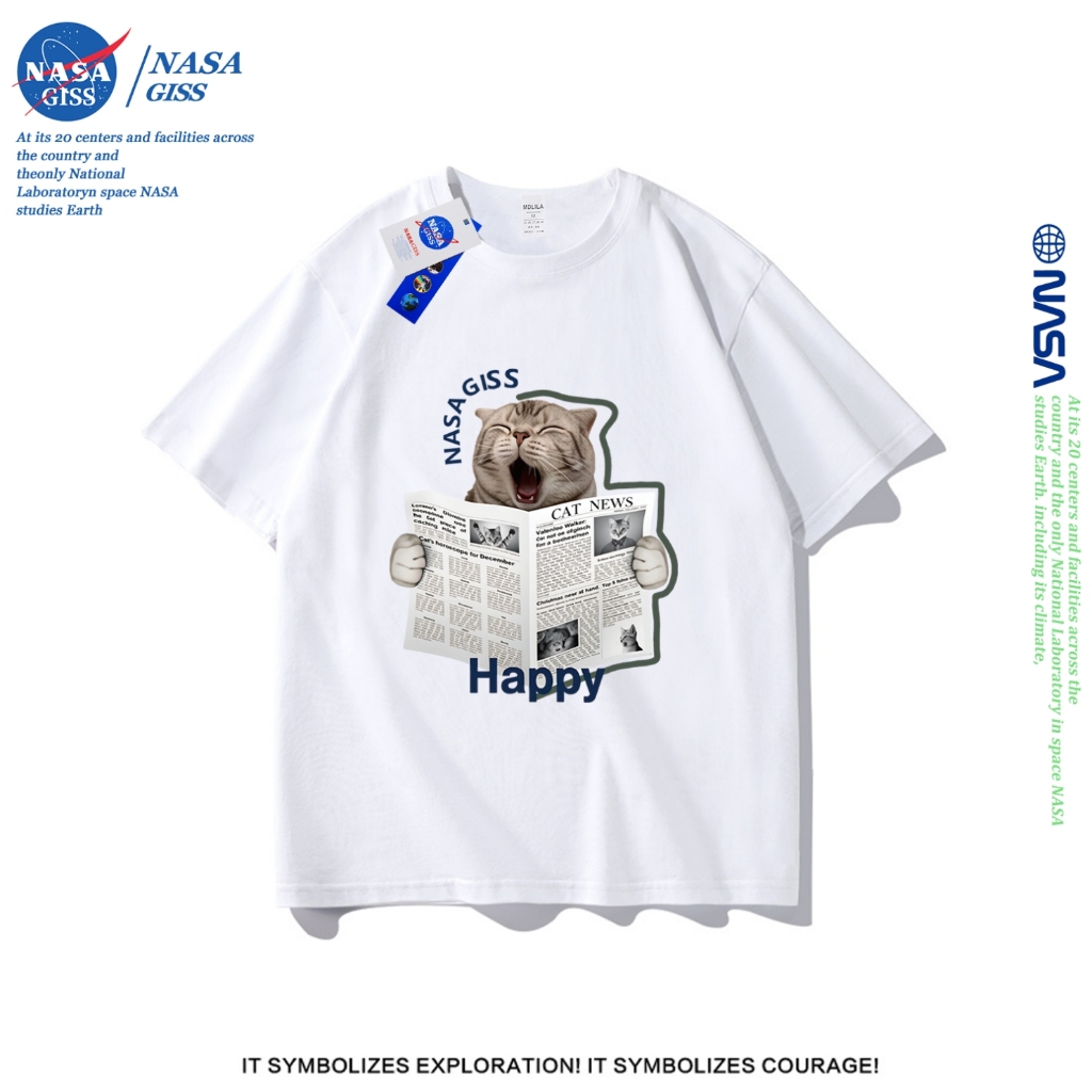 NASA เสื้อยืดชายหญิงแขนสั้น สไตล์ลำลอง summer แมวอ่านหนังสือพิมพ์ พิมพ์ลาย คอตตอน คอกลม หลวมและระบายอากาศ