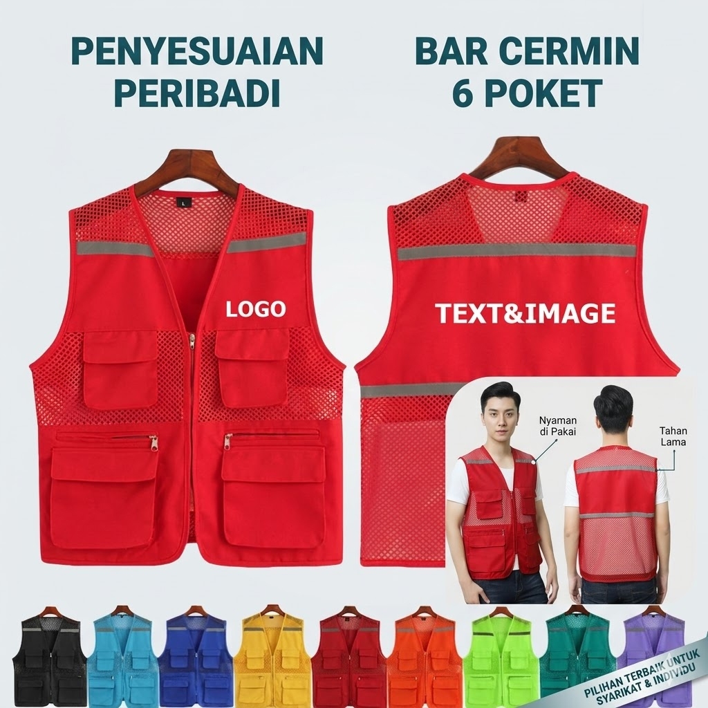 ตาข่ายระบายอากาศเสื้อกั๊กความปลอดภัยกับ6กระเป๋าสะท้อนแสงทํางานเสื้อกั๊กที่กําหนดเองโลโก้ตกปลากลางแจ้งถ่ายภาพชุดทีม