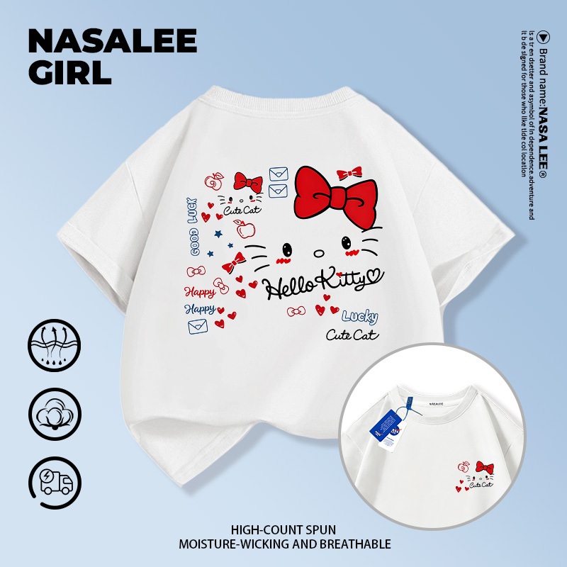 【จัดส่งจากกรุงเทพฯ】 เสื้อยืดผ้าฝ้ายสำหรับเด็ก NASA สีขาว ลายแมวน้อย สำหรับเด็กอายุ 3-16 ปี ทั้งเด็กผู้ชายและเด็กผู้หญิง ทรงหลวม ช่วงเปิดเทอม