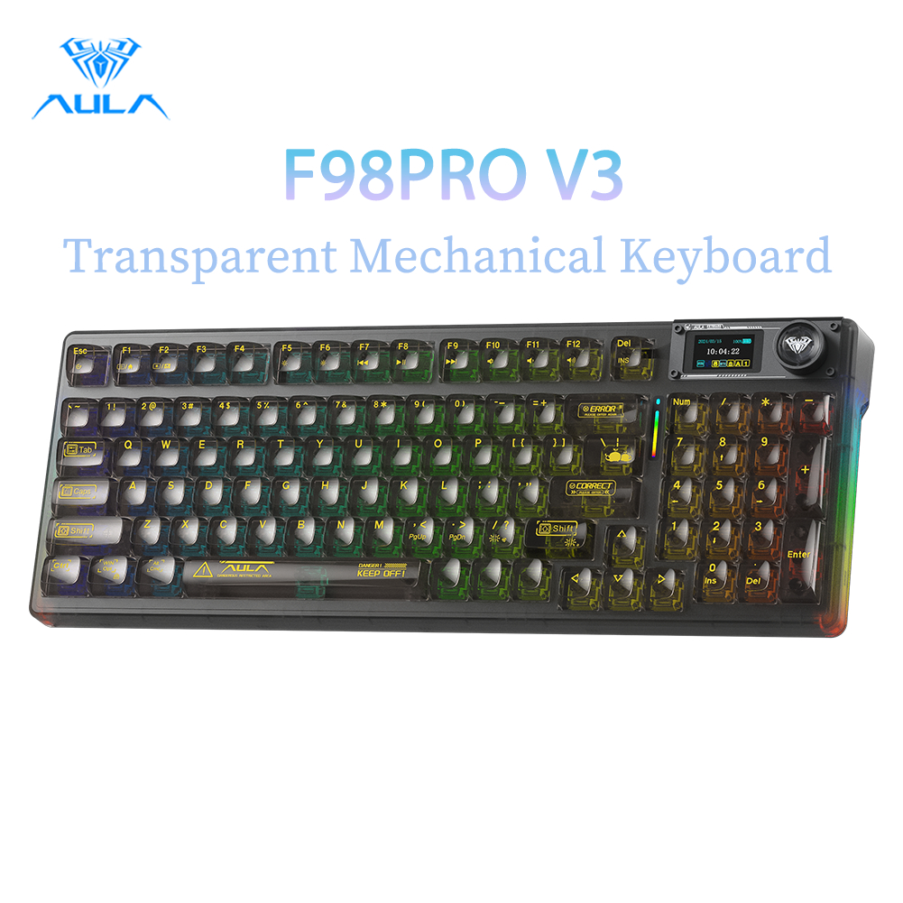 [อัพเกรดใหม่]AULA F98proV3 95 คีย์คีย์บอร์ดแบบกลไกโปร่งใส Tri-mode เชื่อมต่อ RGB Hot Swap พร้อมแป้นพิมพ์เกมจอแสดงผลอัจฉริยะ