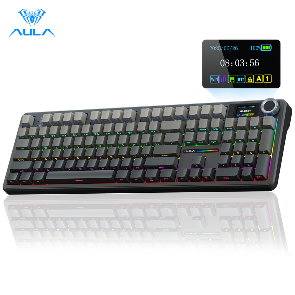 AULA F108 PRO คีย์บอร์ดแบบกําหนดเอง 104 คีย์บลูทูธ/2.4G/แบบมีสาย Hot swappable RGB light 8000mAh แบตเตอรี่คีย์บอร์ดเกมสํานักงาน