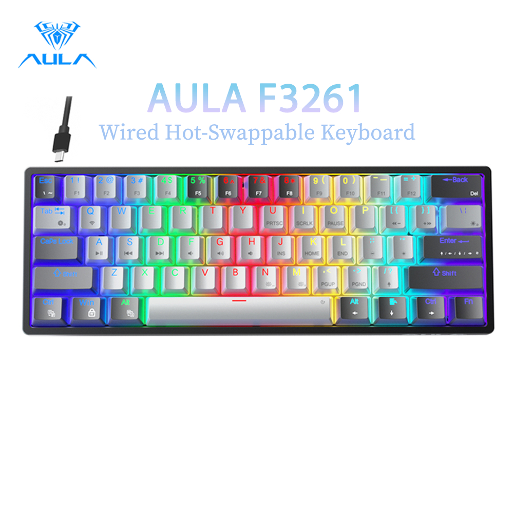 AULA F3261 61 คีย์คีย์บอร์ดแบบมีสาย RGB Hot Swappable คีย์บอร์ดเกมขนาดกะทัดรัด LED Backlit คีย์บอร์ด