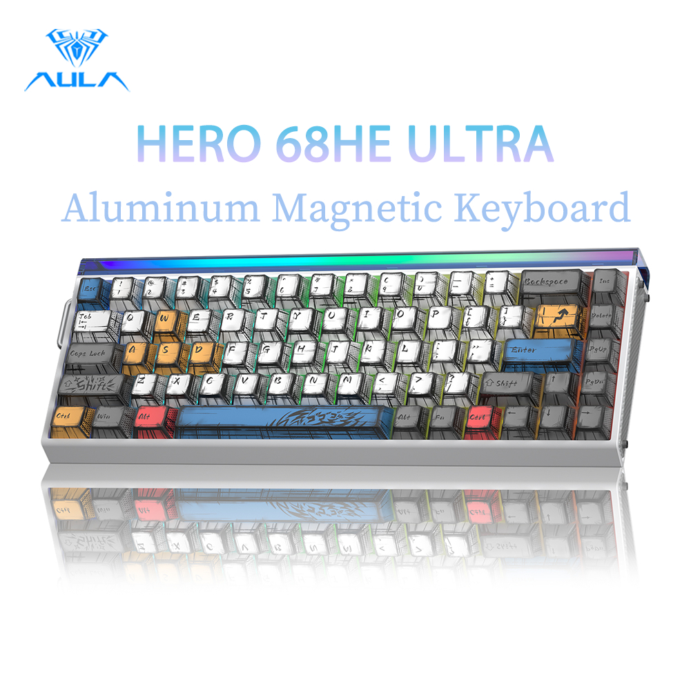 0.0005มม. RT!อลูมิเนียมใหม่ AULA HERO 68HE คีย์บอร์ดแม่เหล็กพิเศษ 68 คีย์กล่องไฟ RGB 8K Polleling Ra