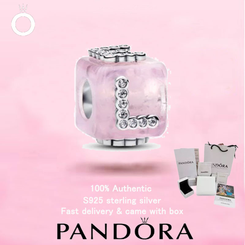 (386) ใหม่ PANDORA S925 เครื่องประดับเงินสเตอร์ลิงของขวัญวันวาเลนไทน์ Top Choice สีชมพู Murano Glass Love Cube Charm