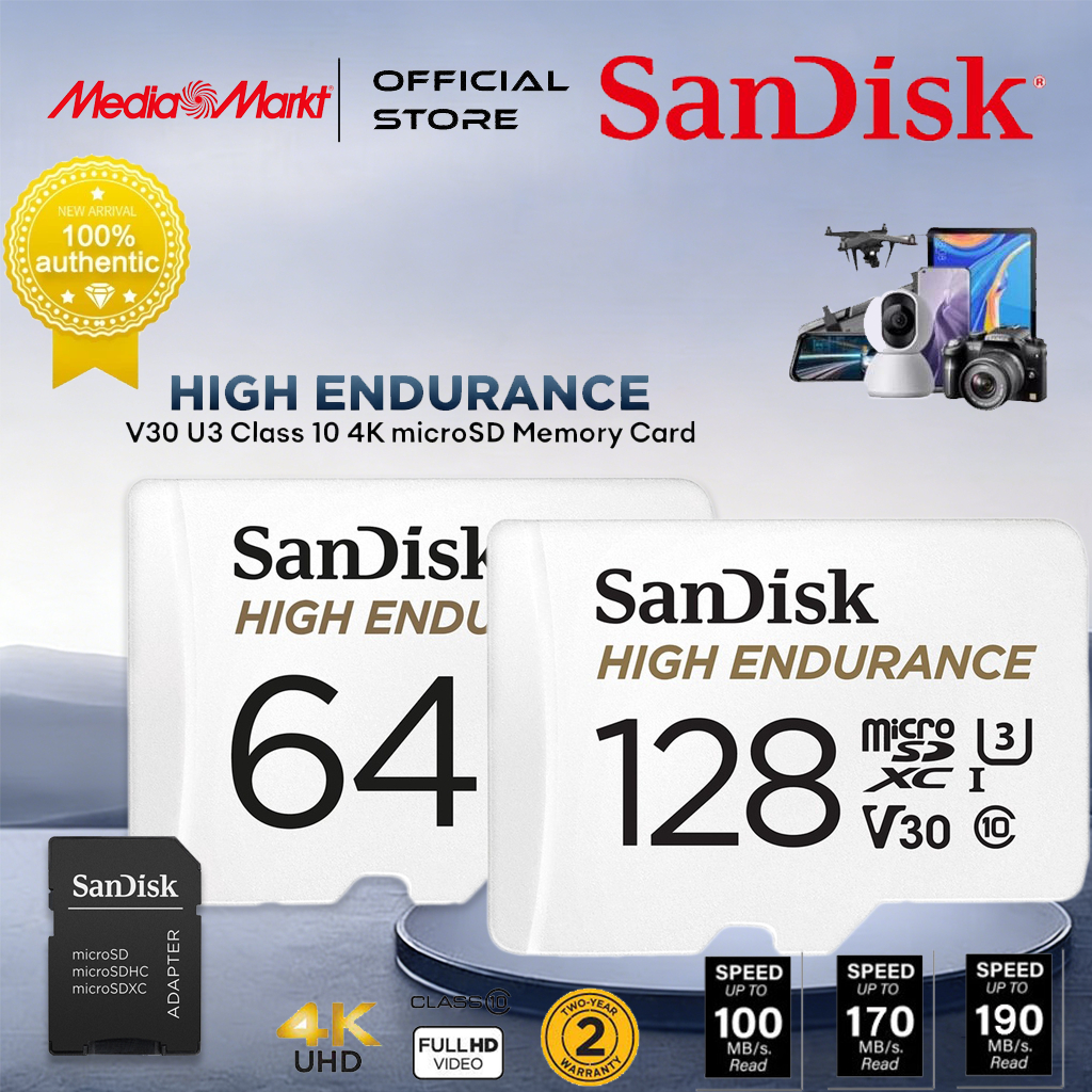 【MediaMarkt】การ์ดความจำ SanDisk High Endurance แซนดิส เมมโมรี่การ์ด microSDXC / HC ความเร็ว 100MB/S ความจุ 64GB 128GB 256GB Class10 เมมโมรี่ กล้องติดรถยนต์ วงจรปิด