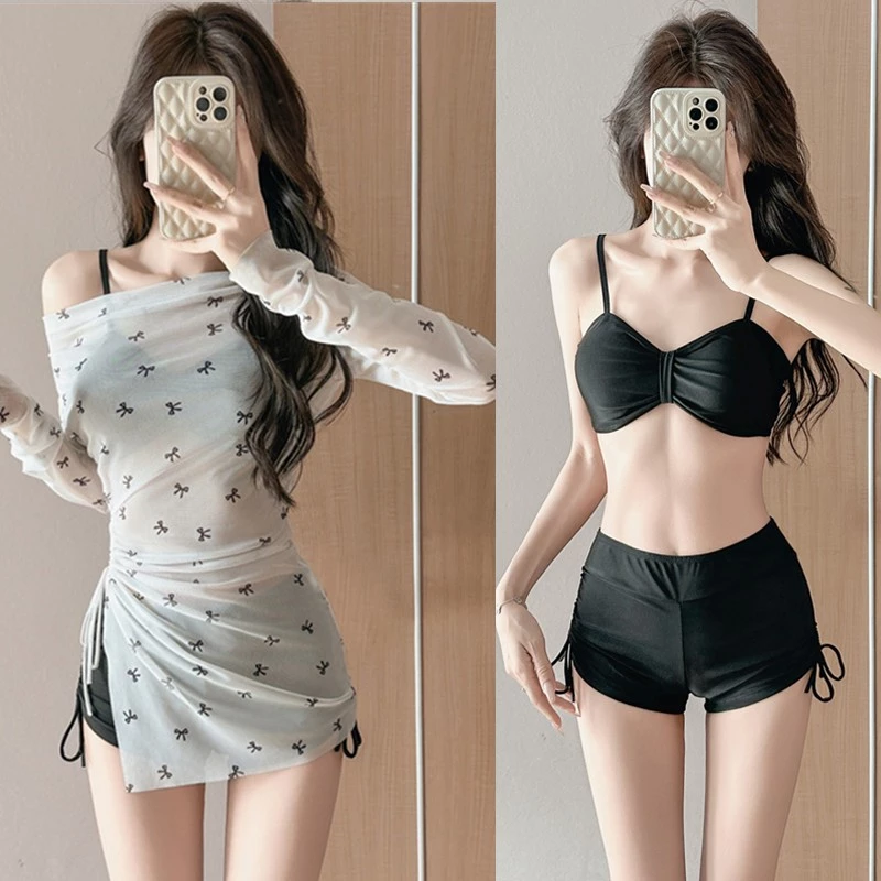 【ชุดไปทะเล】แฟชั่นปิดไหล่โบว์ด้านบนชุดว่ายน้ําสตรีชุดบิกินี่เชือกยางยืด-เซ็กซี่สลิมฟิตชุดว่ายน้ําป้องกันแสงแดดด้านบน