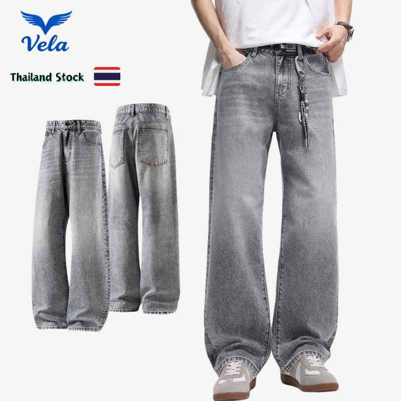 Vela กางเกงยีนส์ผู้ชายสีเทา ขายาว ทรงขากระบอก หลวม สไตล์สตรีทอเมริกัน M-3XL